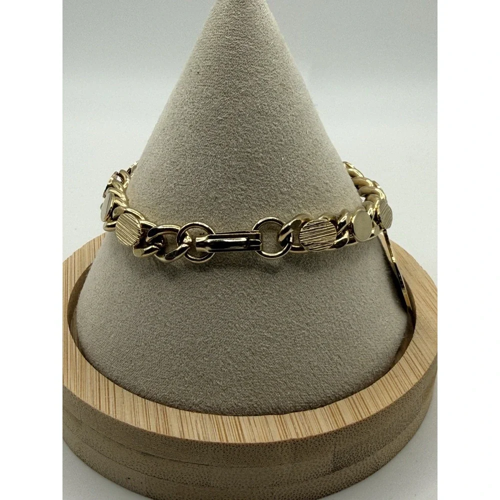 Vintage Gold Tone Link Bracelet Disc Round Dangle Engravable